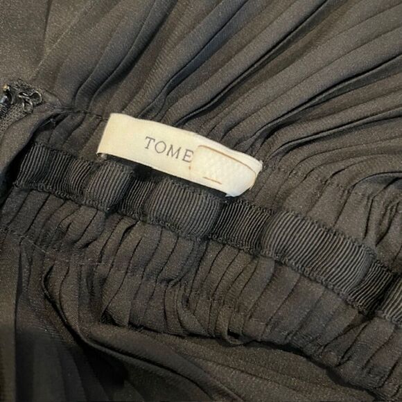 TOME Black Satin Cross Front Pleated Dress Elastic Stretch Waist Open Back Small - Picture 9 of 15